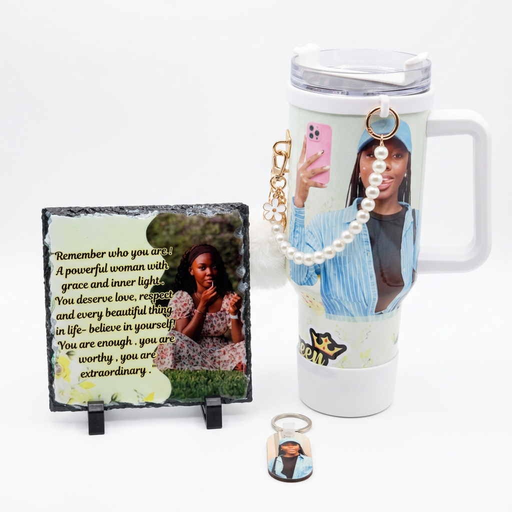 Personalized 40oz photo tumbler with pearl strap, photo slate plaque and matching keychain