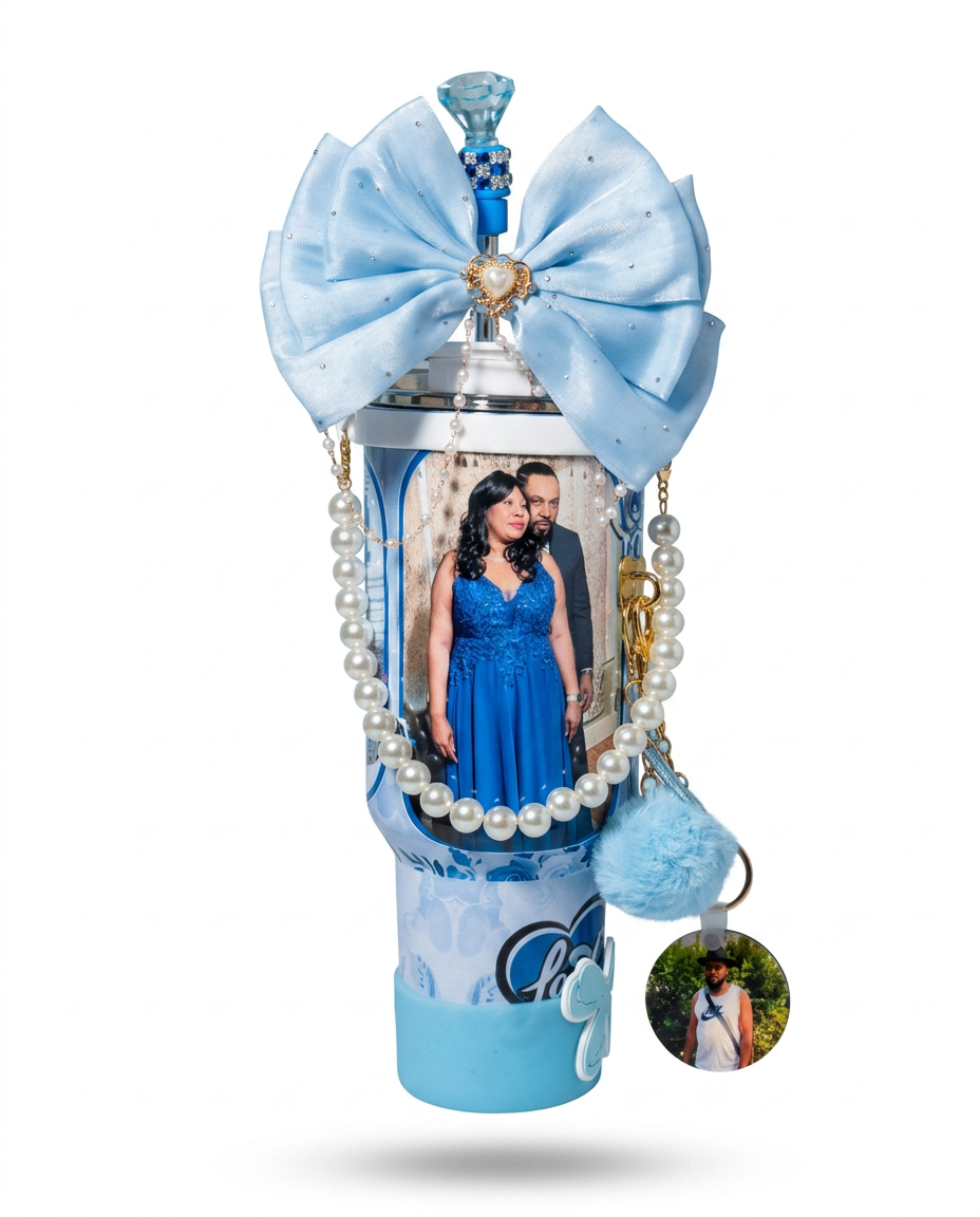 Blue personalized couples photo tumbler with pearl strap and photo keychain