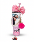 Pink personalized Queen photo tumbler with pearl strap and pom-pom